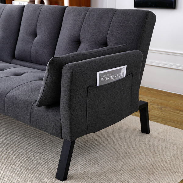 English Elm 70-inch Foldable Cotton Linen Sofa Bed with Cup Holder & Side Storage, Space-Saving 2-Seater Design DARK GREY W3371P337199