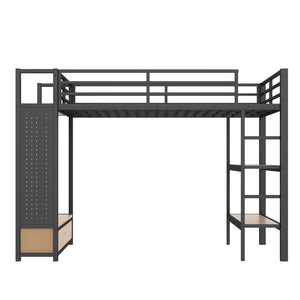 English Elm Full Size Loft Bed Frame With Integrated Wardrobe, Storage Shelves, And Pegboard For Smart Living W1580S00232