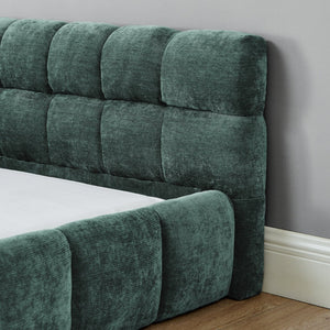 English Elm King Platform Bed Fully Upholstered in Plush Chenille with Low Profile Modern Frame Blue+Green W487S00466