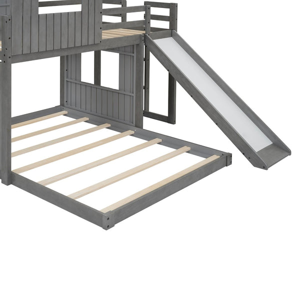 English Elm Wooden Twin Over Full Bunk Bed Farmhouse Playhouse Slide Pinewood Kids Loft LT000328AAE