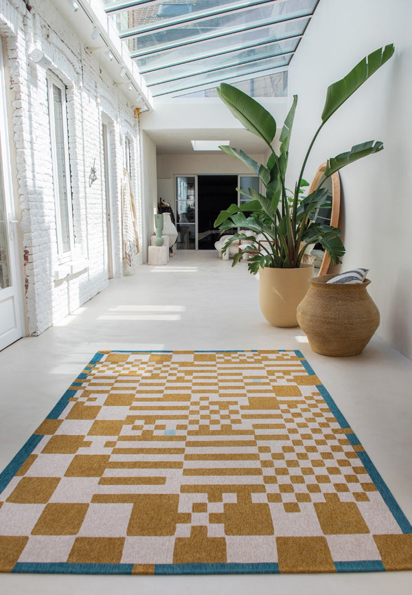 Louis de Pootere Craft Chess 100% PET Poly Mechanically Woven Jacquard Flatweave Geometric Rug Honey 9'2" x 12'10"