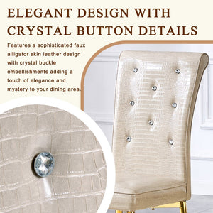 English Elm A Set of 2 Crystal Button Faux Leather Dining Chairs with Embossed Croc Texture Beige,Gold W3226P344046