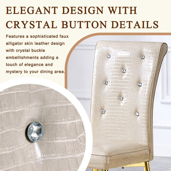 English Elm A Set of 2 Crystal Button Faux Leather Dining Chairs with Embossed Croc Texture Beige,Gold W3226P344046