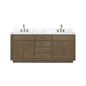 English Elm Grey Oak Double Bath Vanity With Carrara Marble Top & Chrome Faucet Set - 72" W, Stylish Storage Solutions B2731P257786