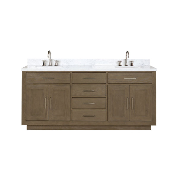 English Elm Grey Oak Double Bath Vanity With Carrara Marble Top & Chrome Faucet Set - 72" W, Stylish Storage Solutions B2731P257786