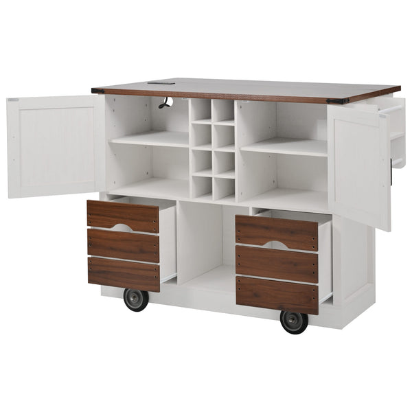 English Elm K&K 54" Farmhouse Kitchen Island Cart with Drop Leaf, Wine Rack, Power Outlet and Rolling Storage White N707P349814W