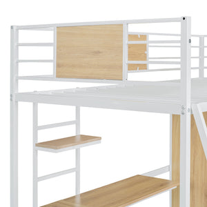 English Elm Twin Loft Bed with L-Shaped Desk and Wardrobe — Space-Saving Iron & Wood Design for Study & Storage White SF000168AAK