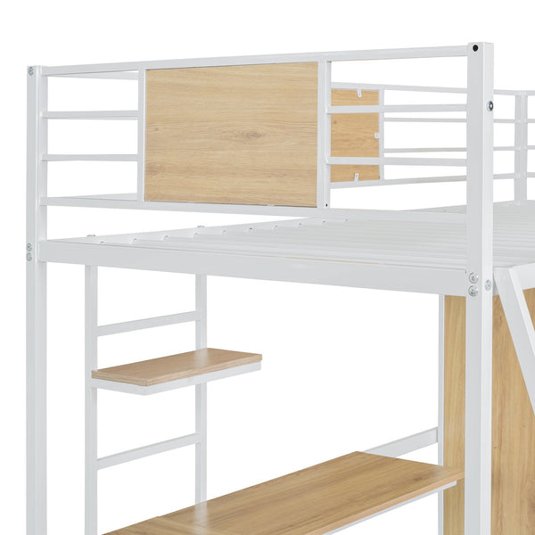 English Elm Twin Loft Bed with L-Shaped Desk and Wardrobe — Space-Saving Iron & Wood Design for Study & Storage White SF000168AAK