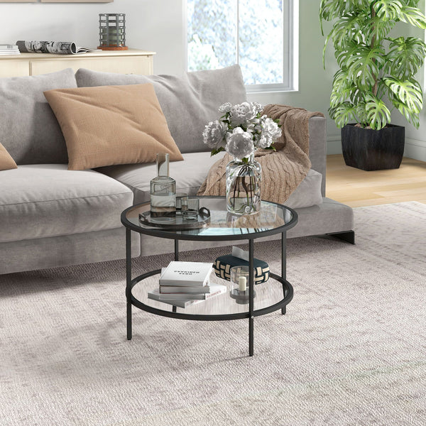 English Elm Homcom 26" Round Side Table With 2-Tier Tempered Glass, Stylish Black Steel Frame For Living Room Use W2225P217457