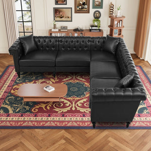 English Elm Sectional Chesterfield Sofa with Tufted Back Nailhead Trim Pu Leather 5 Seat Living Room Black W680S00112