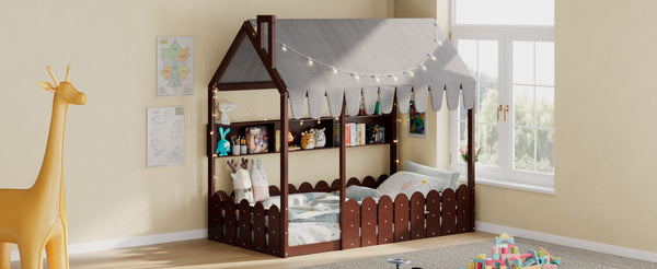 English Elm {slats Are Not Included} Twin Montessori House Floor Bed Kids Tent Lights Shelves Pinewood Frame Espresso N708P407962P