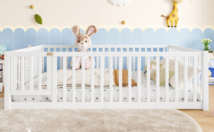 English Elm Queen Kids Floor Bed Pine Wood Frame with Safety Rails Door and Low Profile Design Light White W1580P417672