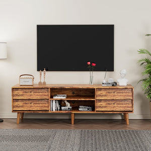 English Elm 63 Vintage Bevel TV Stand 63-inch Media Console with Drawers and Open Shelves, Rustic Artful Design Brown W578P193297
