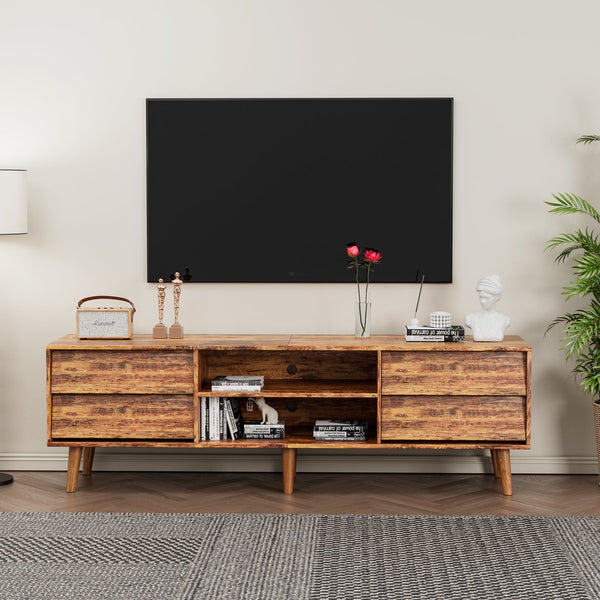 English Elm 63 Vintage Bevel TV Stand 63-inch Media Console with Drawers and Open Shelves, Rustic Artful Design Brown W578P193297