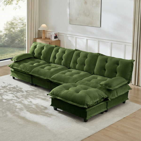 English Elm 138" Chenille Modular Cloud Sectional with Ottoman Deep Seat Lounge Sofa for Apartments Green W714S01732