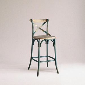 English Elm Antique Metal Frame Bar Chair with Wooden Seat and X Backrest, Vintage Dining Stool with Footrest Antique Turquoise 20.5 L x 44.5 W x 6.5 H B2741P325718