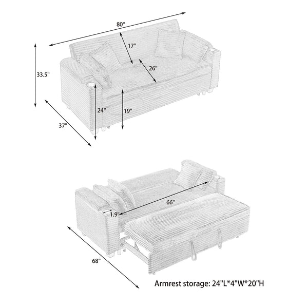 English Elm 80 Inch Green Corduroy Sofa Bed - Multi-Functional, Space-Saving Design With Cup Holders & Comfort! W1658P269825