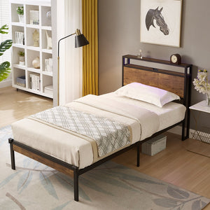 English Elm Twin Metal Platform Bed Frame with Wooden Headboard & Footboard, USB Port, 10" Storage, 400LB Limit W2297P222789