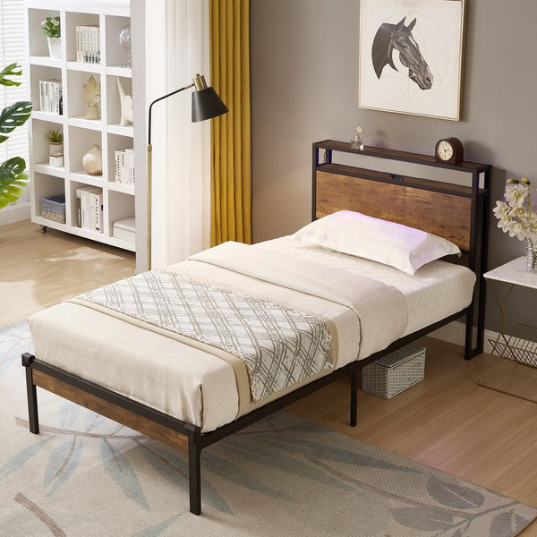 English Elm Twin Metal Platform Bed Frame with Wooden Headboard & Footboard, USB Port, 10" Storage, 400LB Limit W2297P222789