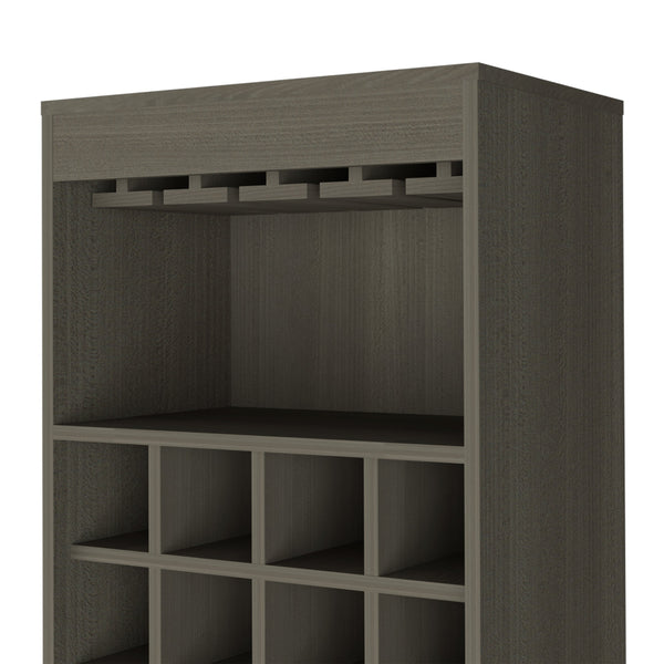 English Elm Kava Smokey Oak Bar Cabinet with Retractable Serving Tray, 16 Bottle Cubbies & 12 Glass Rack B070S00107