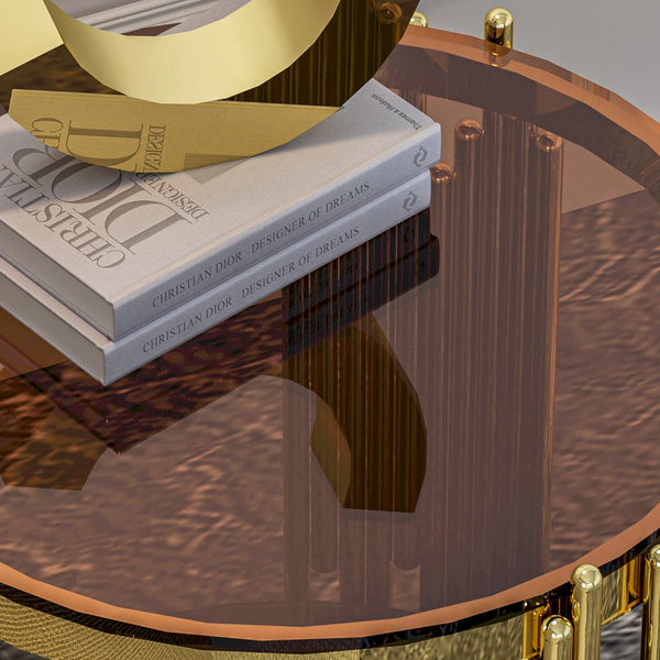 English Elm 19.69inch Gold Round Coffee Table with Crown Frame, 8mm Tempered Glass, Stainless Steel Base, Chic Storage Dark Brown W1550P171522