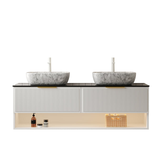 English Elm MALONE 60" Floating Vanity with Dual Marble Ceramic Basins, Black Sintered Stone Top, LED Sensor Lighting W2615S00296