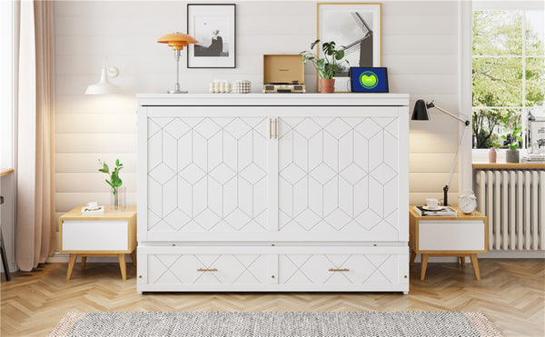 English Elm Queen Murphy Wall Bed Cabinet with Storage Drawer Built-in Power Outlets Usb Ports White LP000400AAK-1