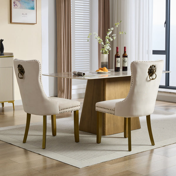 English Elm Mid-Century Tufted Velvet Dining Chair with Lion Head Pull Ring, Gold Legs, Nailhead Trim, Luxurious Support Beige W1143P233644