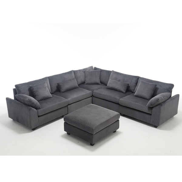 English Elm L L shape Sofa Set Ottoman Corduroy Fabric Sectional Modern Classic Design Oversized Comfort Gray W2325P186972