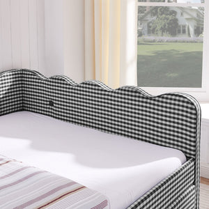 English Elm Queen Gingham Linen Daybed with Wave Backrest Two Storage Drawers and Usb Port Black W1413S00153