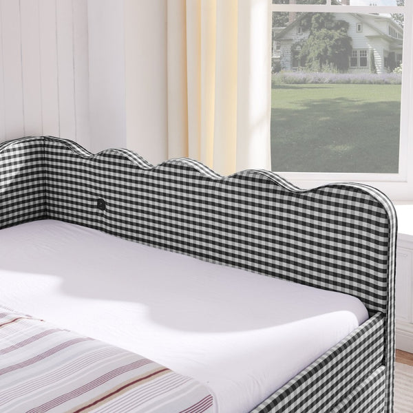 English Elm Queen Gingham Linen Daybed with Wave Backrest Two Storage Drawers and Usb Port Black W1413S00153