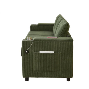 English Elm 81" Queen Sleeper Sofa with Pull Out Bed Storage Charging Ports and Cup Holders Green W3705S00042