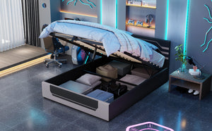 English Elm Modern Cyberpunk Queen Platform Bed Hydraulic Storage Pu Upholstered Gaming Frame Black+ Gray SF000205AAE