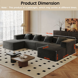 English Elm Modular Sectional Couch - Boneless Sofa With Plush Corduroy, Deep Seats, No Assembly, Grey (4 Seats + 2 Ottomans) W3434S00027