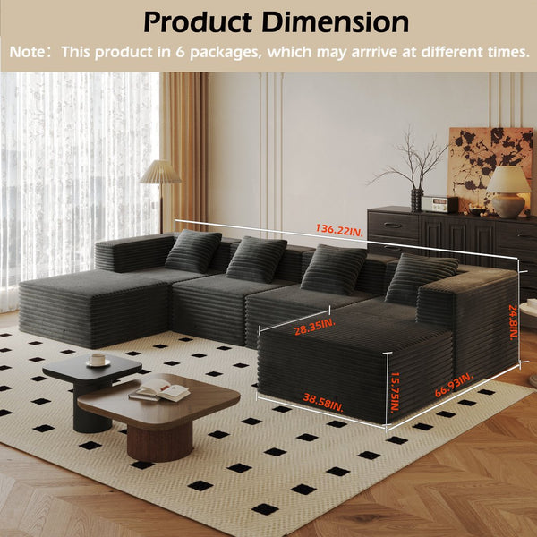 English Elm Modular Sectional Couch - Boneless Sofa With Plush Corduroy, Deep Seats, No Assembly, Grey (4 Seats + 2 Ottomans) W3434S00027