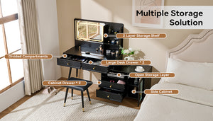 English Elm Modern Makeup Vanity Desk with LED 3-Color Mirror, Built-In Power Station, Sliding Cabinet, Stool Black N844P288432B