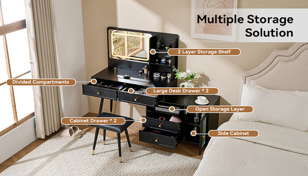 English Elm Modern Makeup Vanity Desk with LED 3-Color Mirror, Built-In Power Station, Sliding Cabinet, Stool Black N844P288432B