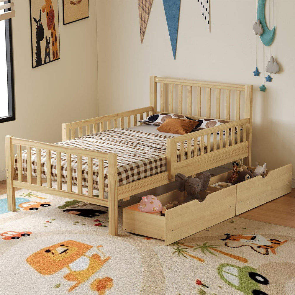 English Elm Twin Pine Platform Bed with Guardrails and Under Storage Drawers for Small Rooms N733P172696M