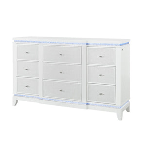 English Elm ADALID Glittered 5-Drawer Chest with LED Lighting, Solid Wood Build, Knob Hardware, Tapered Legs White 65.94 L x 21.46 W x 39.17 H B201P288333