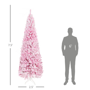 English Elm Homcom 7.5' Tall Slim Pencil Pink Snow Flocked Christmas Tree - Realistic Pine, Easy Setup & Customizable W2225P229660