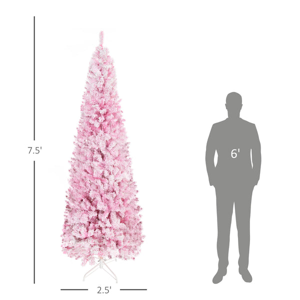 English Elm Homcom 7.5' Tall Slim Pencil Pink Snow Flocked Christmas Tree - Realistic Pine, Easy Setup & Customizable W2225P229660