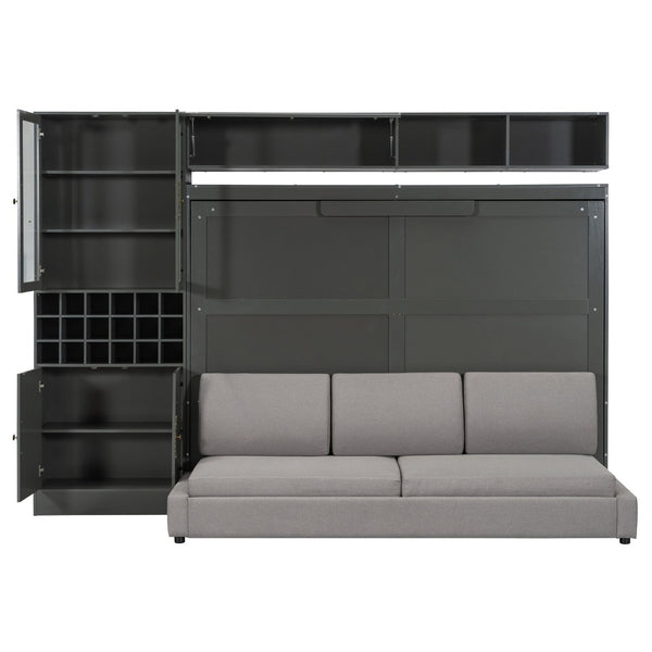 English Elm Queen Murphy Wall Bed Sofa with Open Shelving Usb Charging and Integrated Studio Lighting Gray LP100764AAE