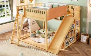 English Elm Queen Loft Bed with Upholstered Headboard Built-in Slide and Open Storage Shelves Natural W1580S00308