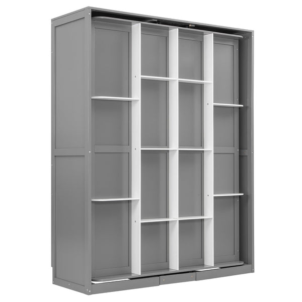 English Elm Rotating Queen Murphy Wall Bed with 14 Open Shelves Hydraulic Lift Space Saving Gray LP000962AAE