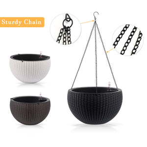 English Elm 13.4 Inch Rattan Texture Self Watering Hanging Planter with Reservoir for Balcony Black W3213P383075