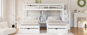 English Elm Twin Triple Bunk Bed White Pine Frame with Staircase Storage Drawers and Built Shelves GX000324AAK-1