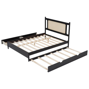 English Elm Queen Size Wooden Rattan Platform Bed With Spacious Storage Drawers & Twin Trundle In Espresso Finish N820S00002P-GIGA