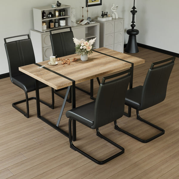 English Elm 55" Modern Farmhouse Dining Table Set With Pu Chairs - Industrial Style, Easy Assembly, Versatile Use W2189S00105