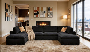 English Elm Coffee Bean Textured Upholstery Modular Sectional Low Profile Sofa with Toss Pillows Dark Gray B2748S00082