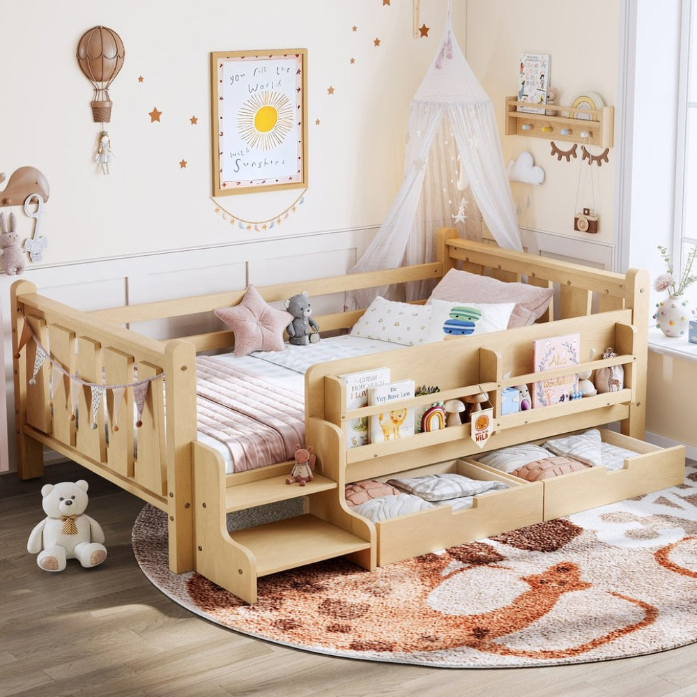 English Elm Twin Pine Floor Bed with Guardrails Built-in Bookcases and Stair Steps for Kids Light Natural W1580P430201